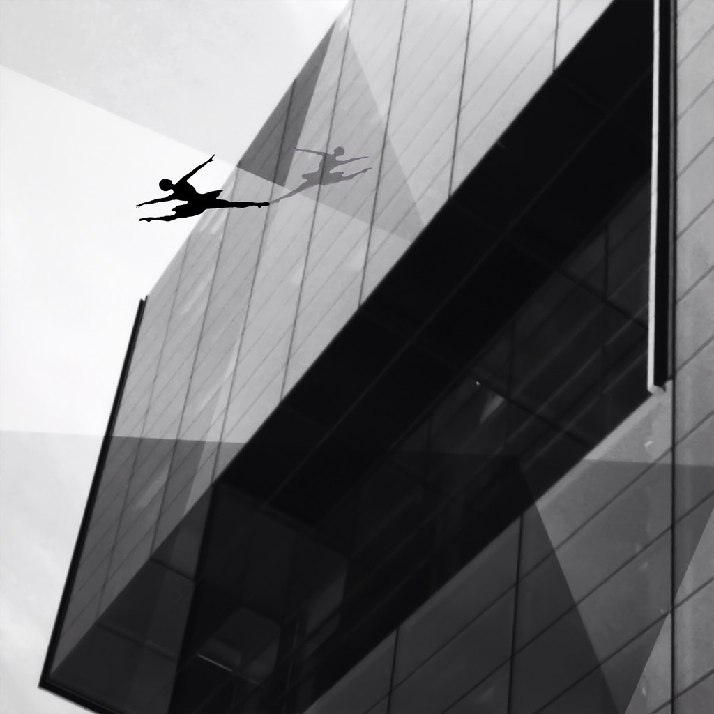 High-contrast black and white photograph of a glass building's sharp diagonal edge, with a single bird in flight beside it.